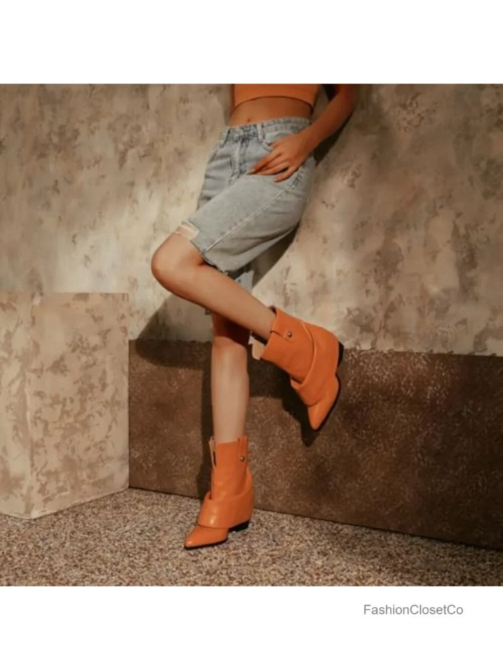 Pointed Toe Chunky Heel Ankle Booties with Fold-Over Design